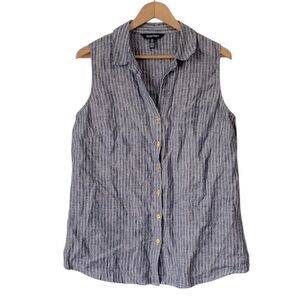 Ellen Tracy linen Blue and White Striped sleeveless button down Top shirt Large